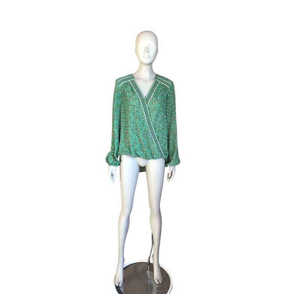 Max Studio Green Patterned Sheer Long Sleeve Blou… - image 1